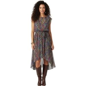 Tacera Paisley Boho Hi-Low Belted Dress L Festival